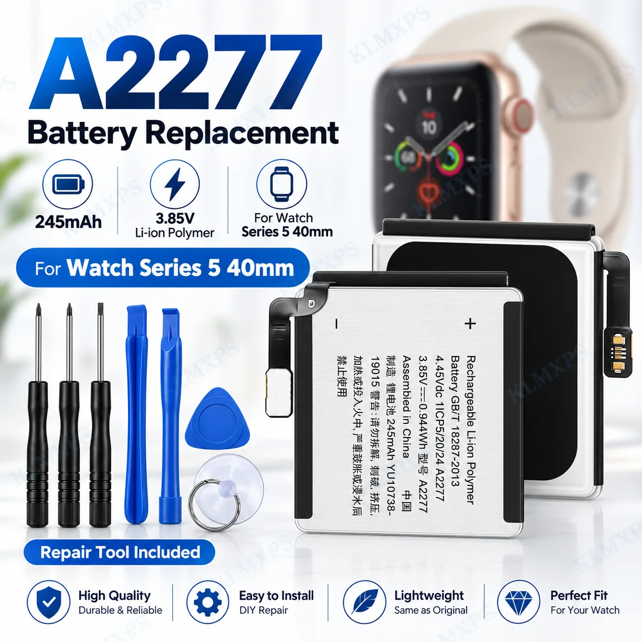A2277 Battery Replacement 245mAh 3.85V Li-ion Polymer Battery for Apple Watch Series 5 40mm Smart Watch Repair with Tool