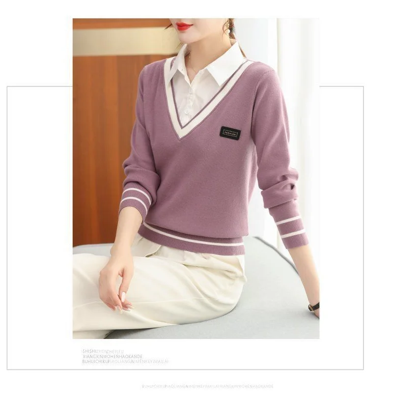 Maglione da donna con risvolto a maniche lunghe lavorato a maglia in due pezzi falso autunno nuovo stile camicia con colletto della camicia