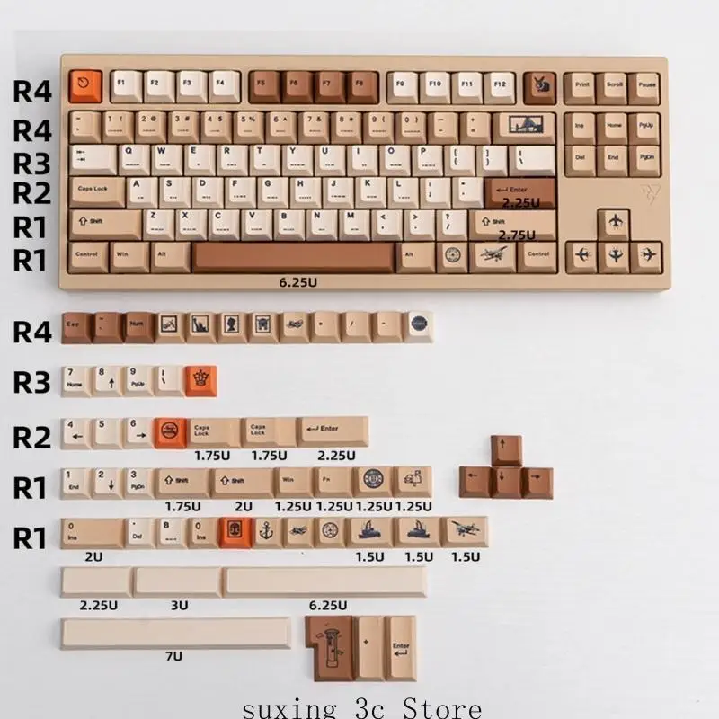 

E8BE Retro Stamps Keycap Mechanical Keyboard Keycaps 143PCS Cherry Profile Dye-Sub Cover for 108 104 980 96 84 68 64