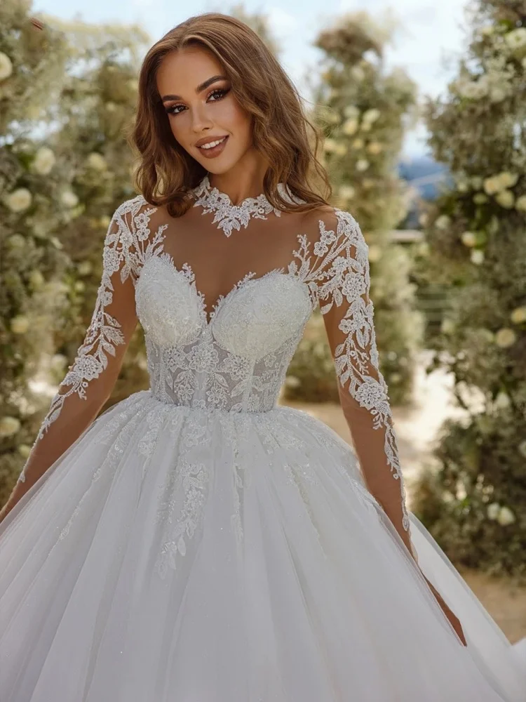 فساتين زفاف أنيقة حريرية من الأورجانزا مطرزة بالخرز وياقة عالية وأكمام طويلة تنانير الزفاف حسب الطلب #3