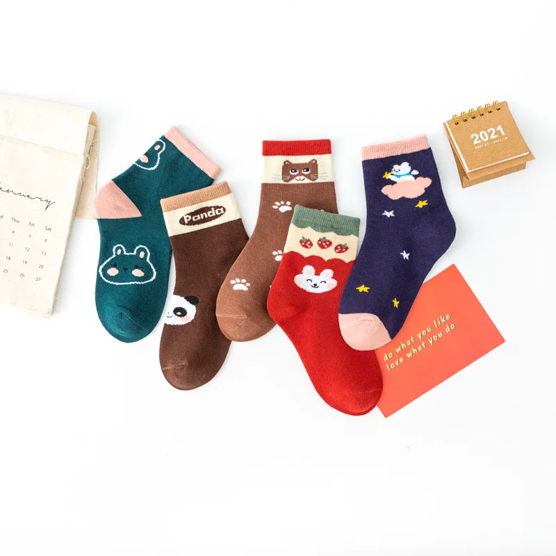 5‑Pack Kids Cartoon Animal Socks Panda Rabbit Bear Design Soft Cotton Breathable Mid‑Calf Casual Socks