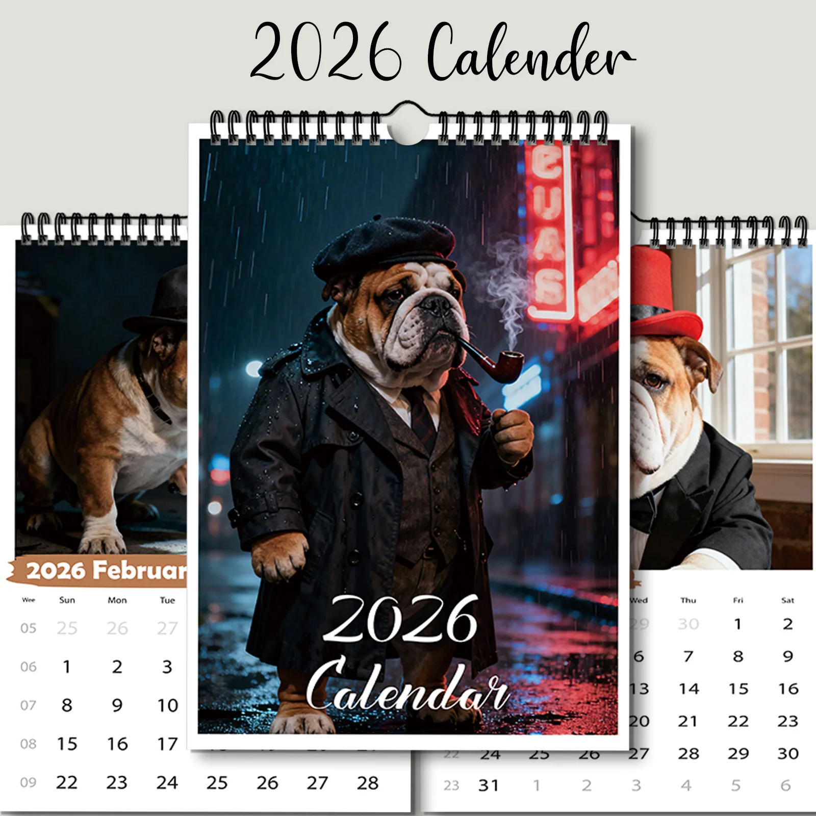 1PC 2026 탐정 스타일 불독 달력, 장식용으로 적합하며 복고풍 스타일 애호가에게 이상적이며 창의적인 선물이 됩니다.