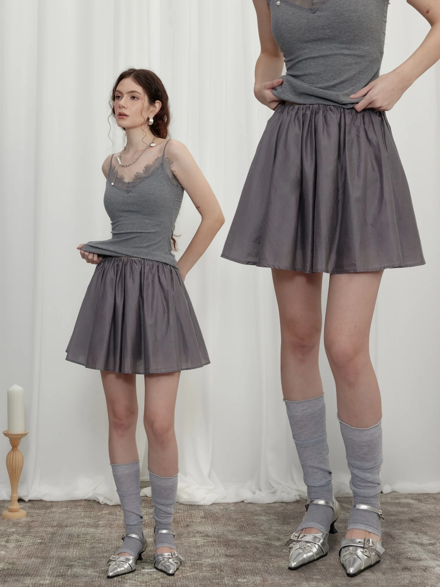 

Lean Project High Waist Pleated ort Skirt Light ey Elastic Waist A-Line Skirt Casual Semi-Formal Women's Skirt