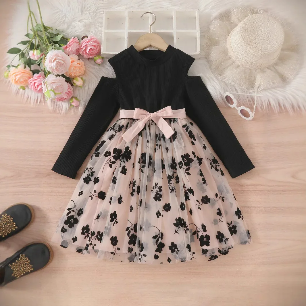 

4-8Y Kid Girls Elegant Mesh Party Dress Baby Girl Party Dresses Long Sleeve Floral Embroidered Dress Cutel Autumn Winter Clothes