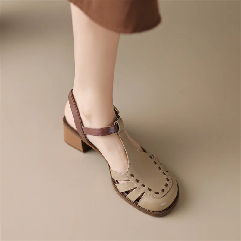 2023 Summer Sandals Round Toe Sandals Chunky Heel Shoes for Women Handmade Women Sandals Mixed Color Hollow Out Gladiator Shoes