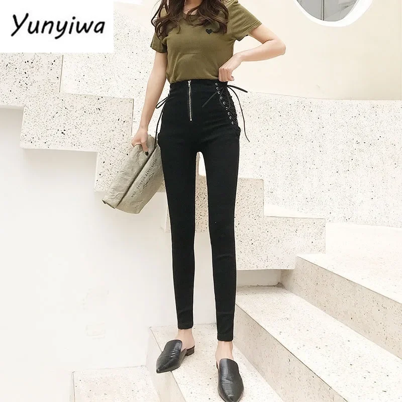 Jeans Female Denim Pants Lace up on side Womens Jeans plus siz 5XL Stretch High waist Feminino Skinny Pants For Women Trousers