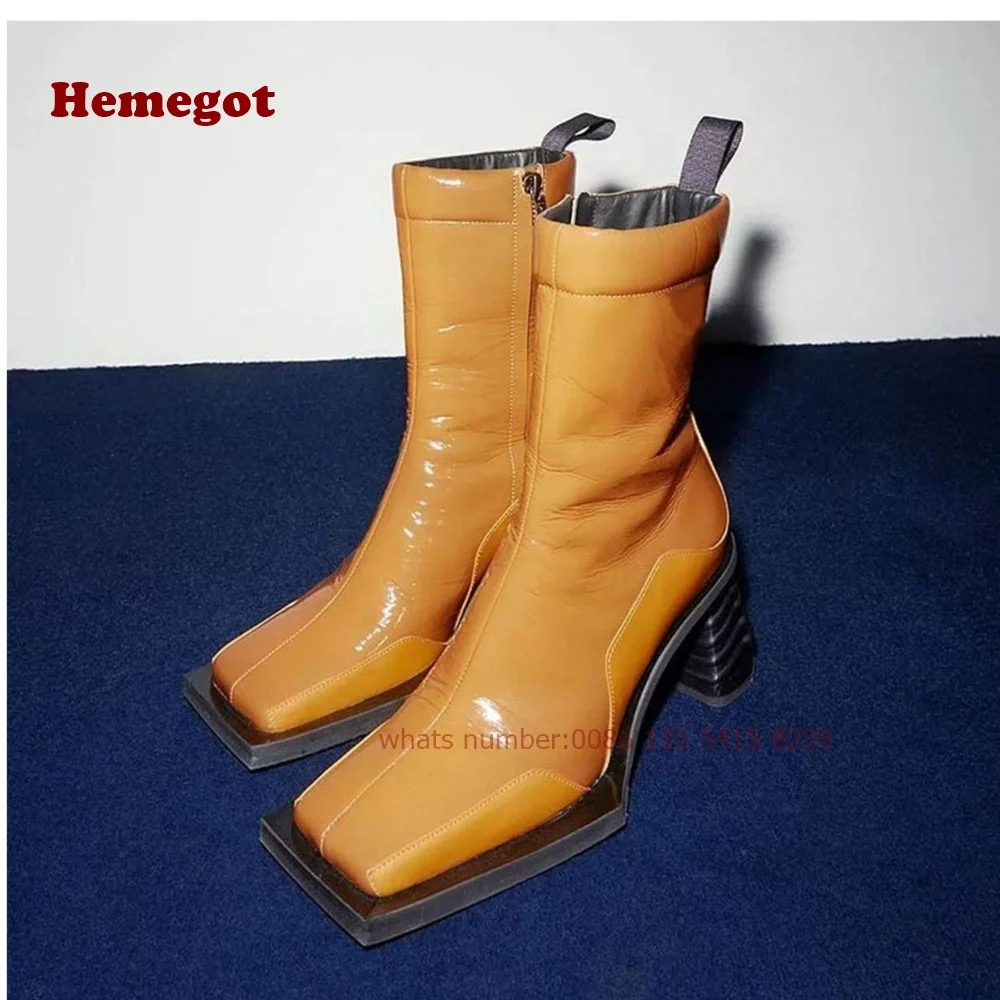 

Chunky Heel Square Toe Ankle Boots Orange British Style Side Zipper Glossy Women's Casual Shoes 2024 Winter Leather Luxury Boots