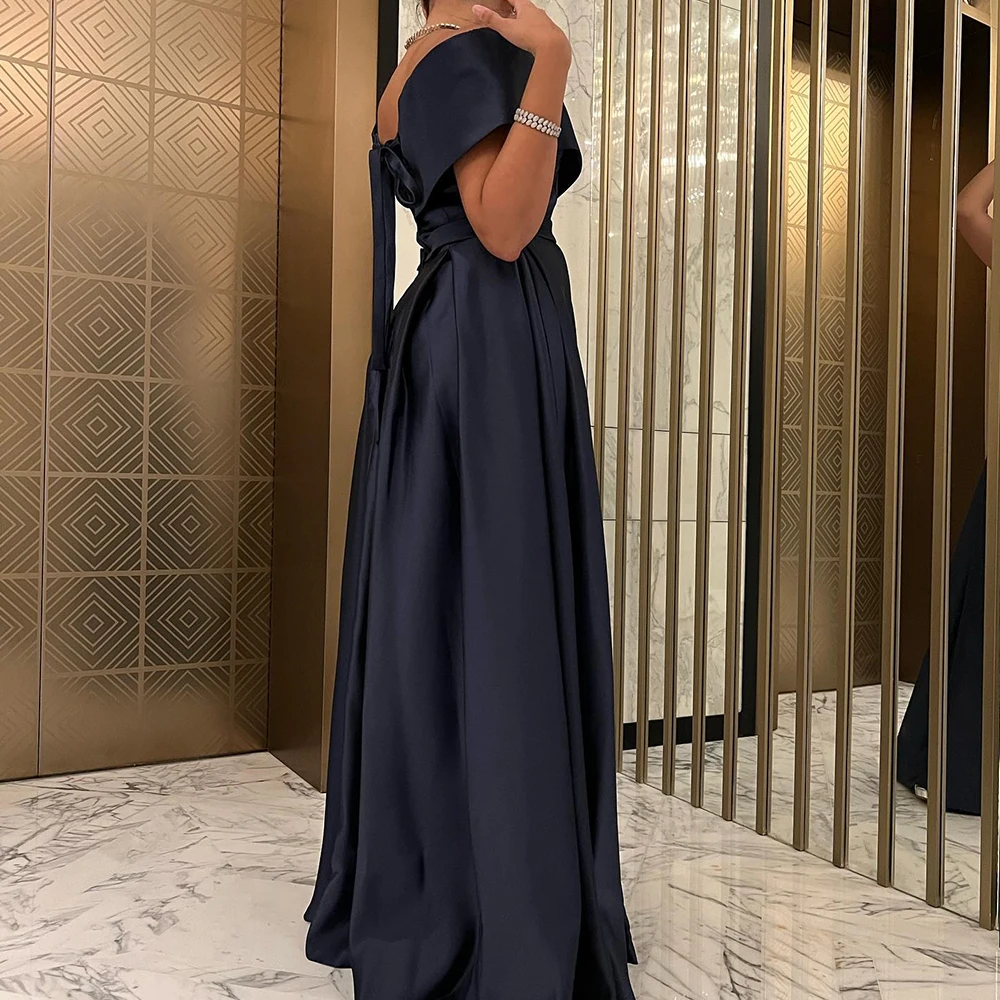 Temperament Satin A-Line Off the Shoulder Evening Dress High Quality V-Neck Floor Length فساتين سهره نسائيه فخمة