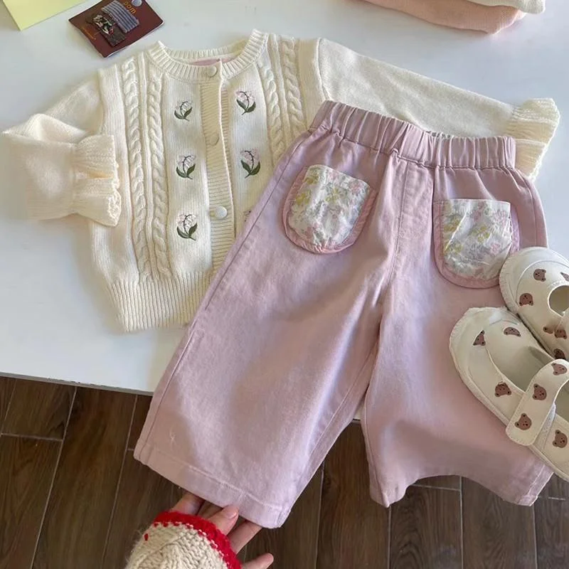 Girls Flower Pocket Pants Children\'s Clothing Pink Pants Spring Stylish Versatile Straight Leg Baby Kids Casual Trousers