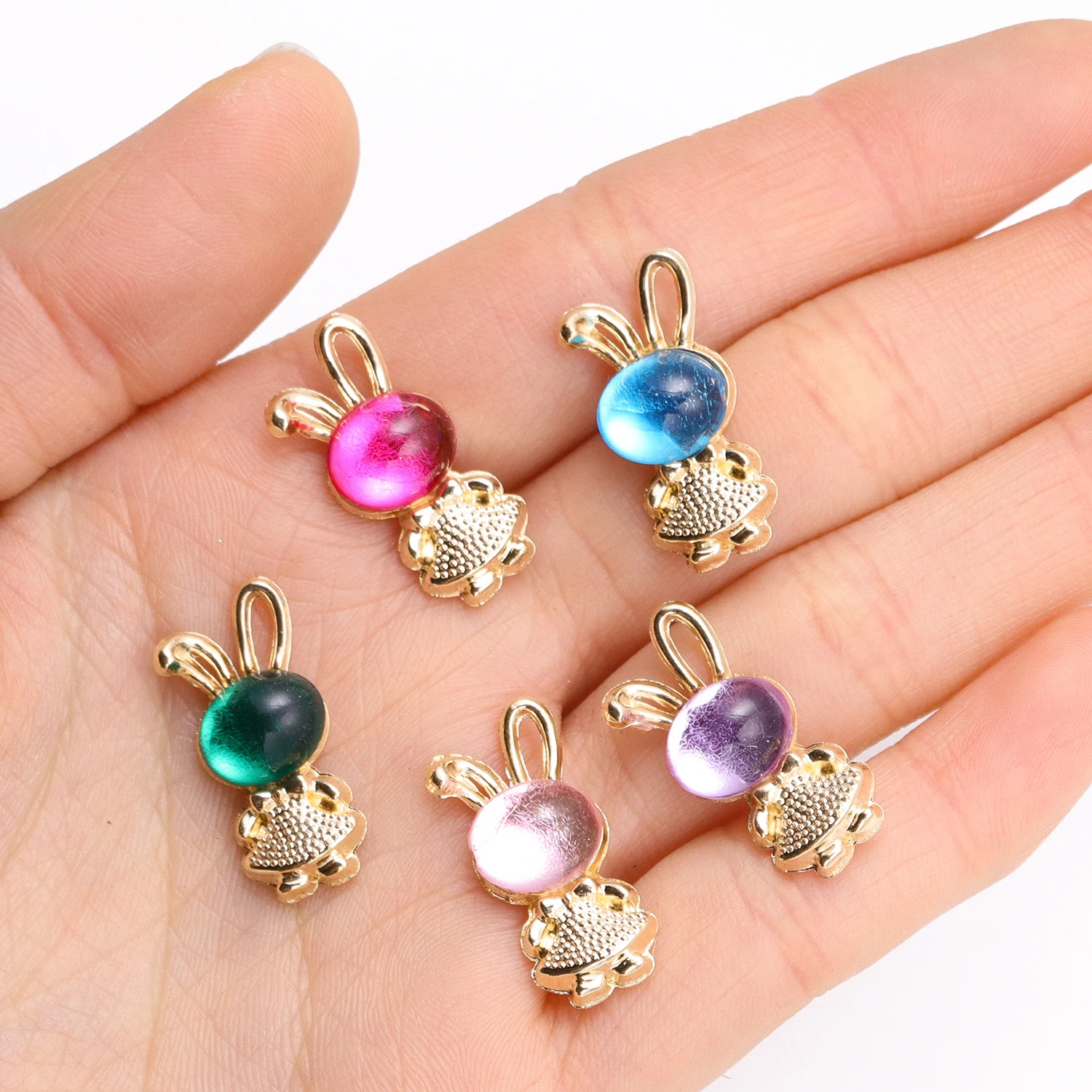 10Pcs Mix Multi Coloured Cartoon Crystal Rabbit Pendants Gold Color Metal Charms For Jewelry Making DIY Earrings Necklace Crafts view 3