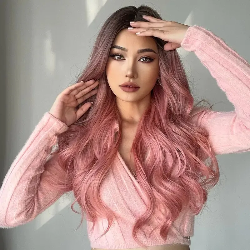 Lolita Pink Hair Long Wavy Synthetic Wigs Middle Part Dark Root Curly Wigs for Women Natural Daily Heat Resistant Fiber Wigs