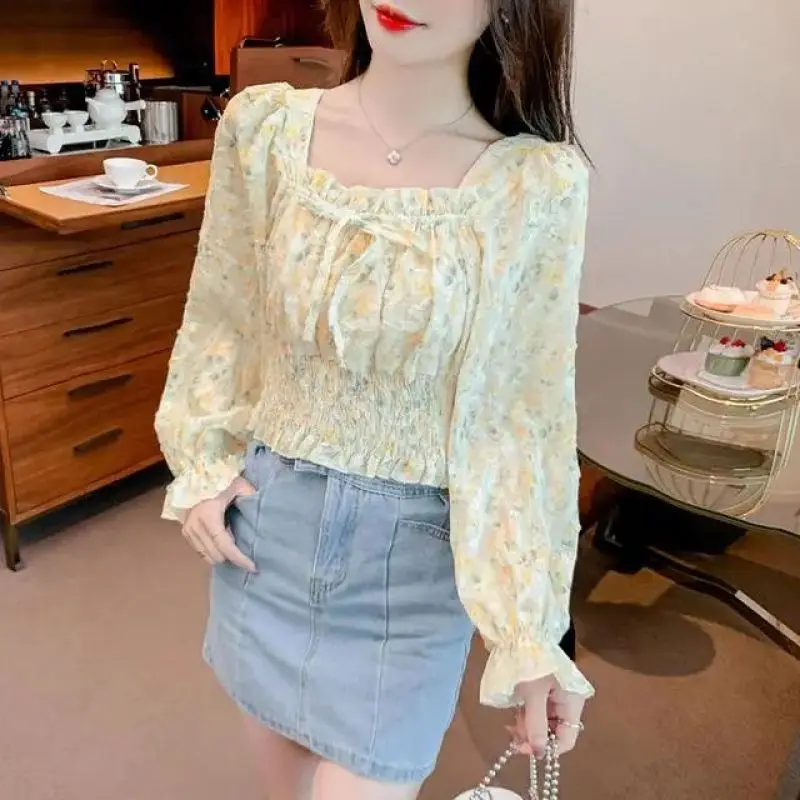 Spring Autumn New Fashion Slim Appear Thin Versatile Printed Tie Up with Square Necked Floral Long Sleeved Commuter Chiffon Top