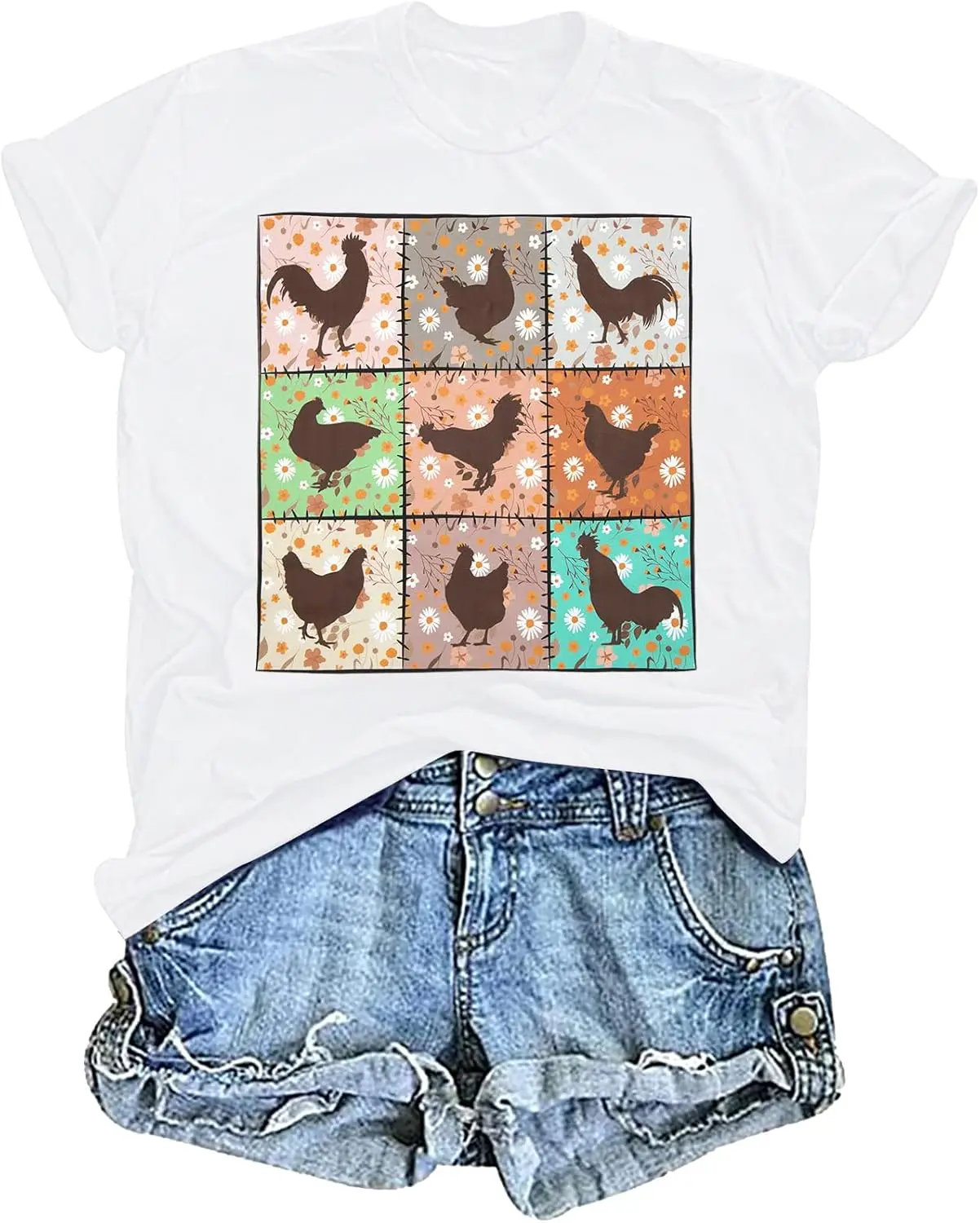 Chicken Shirt Women Retro Boho Chicken Shirt Chicken Mom T-Shirt Farm Life Casual Tee Tops New Fashion Top Tees