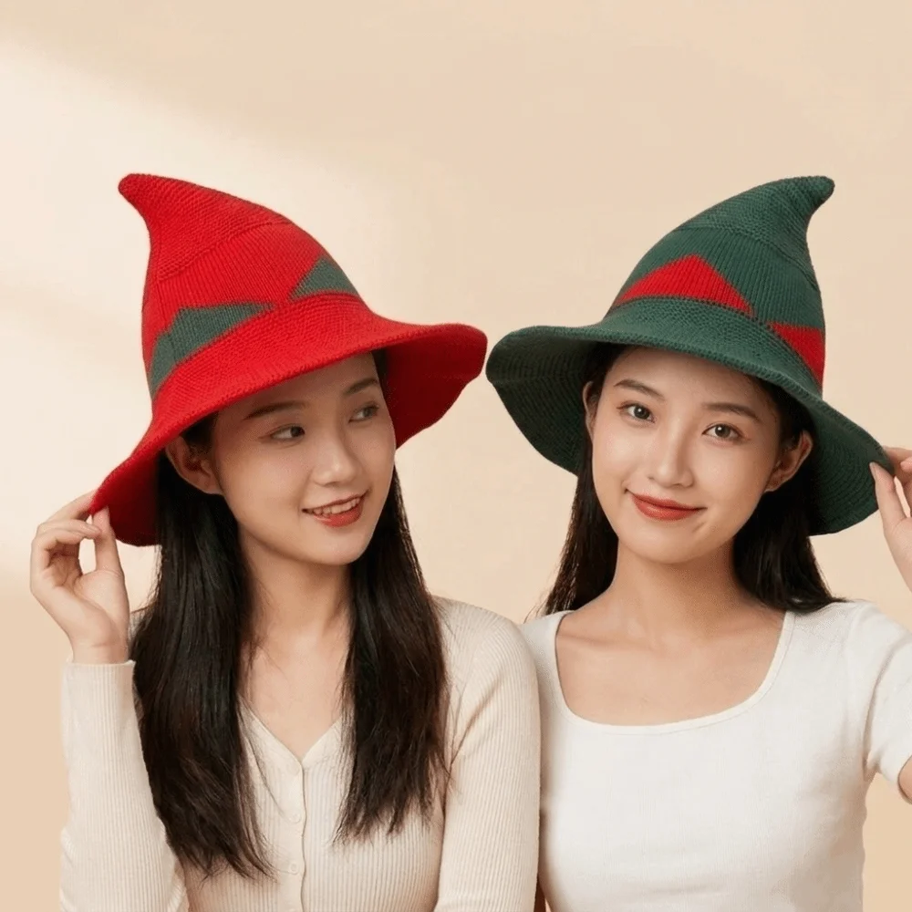 Wide Edges Witch Hat Color Blocked Spire Knitted Wizard Cap Breathable Foldable Halloween Hat Fairytale Festival Carnival