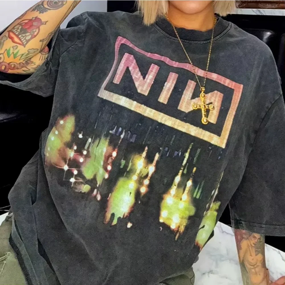 

25SS Streetwear Oversized Saint T-Shirts Men Women High Quality Cotton Vintage Washed Black Tee Top NIN Nine-Inch Nail T Shirt