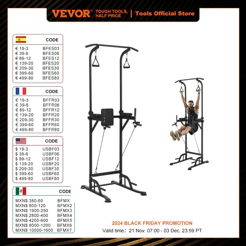 VEVOR Power Tower Dip Station 7-Level Adjustable Backrest Multi-Function Home Gym Strength Training Fitness Workout Equipment 