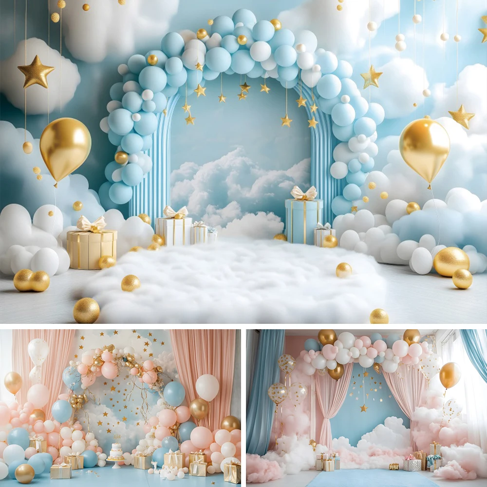 Blue Balloon Arch Birthday Photography Background Baby Shower Boys Girls 1st Birthday Party Photozone Backdrop Photo Studio Prop