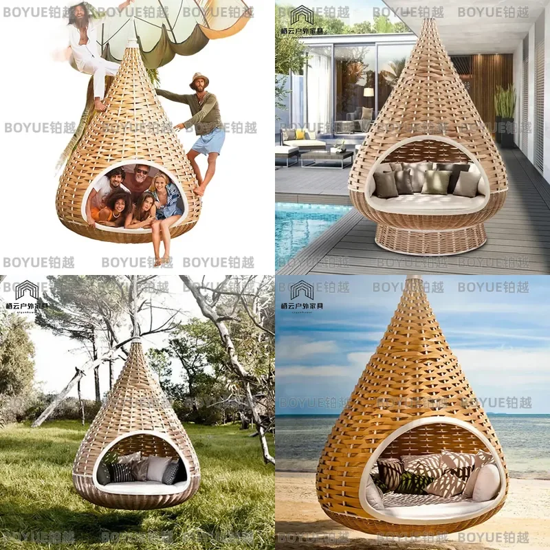Outdoor Rattan Hanging Chair Swing Round Bird Nest Bed Sofa for Balcony Patio Garden Leisure Large Wicker Hammock Seat