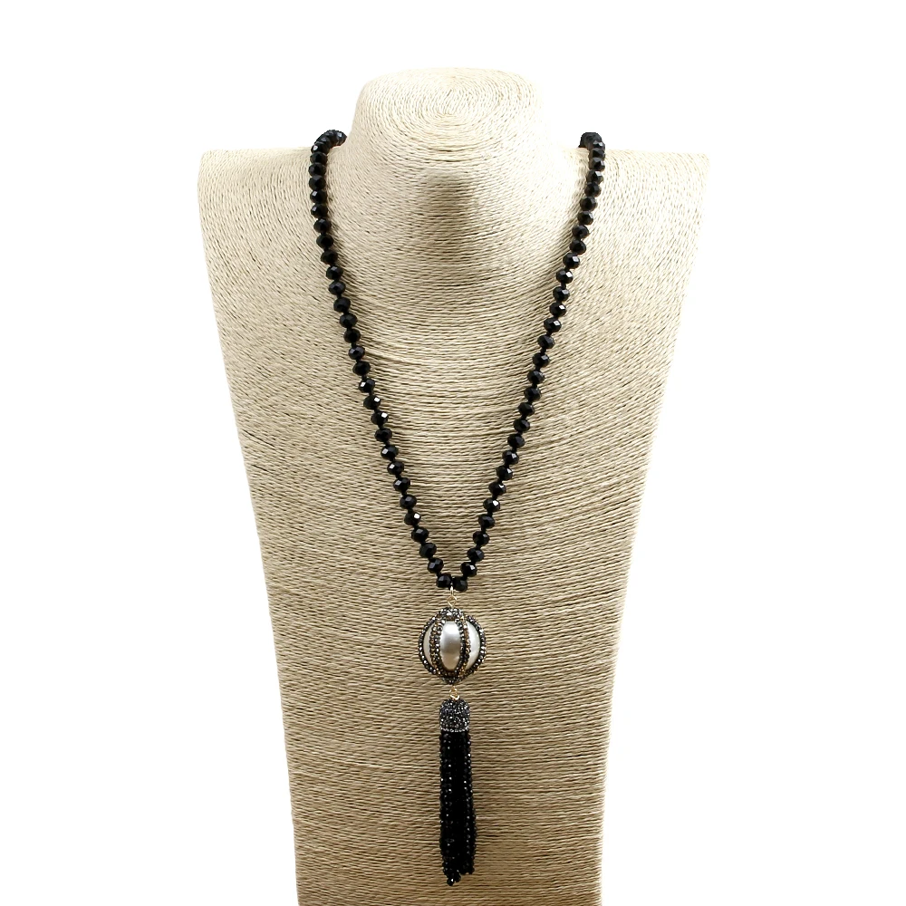 Fashion Bohemian Tribal Jewelry Black/White Crystal Glass Knotted Handmake Paved Big Ball and Tasse Necklaces