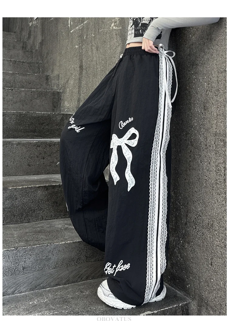 Schwarze Freizeithose für Kinder mit Spitzenschleife für Mädchen, Frühlingsmode, Spitzenhose, lockere Freizeithose mit weitem Bein, Streetwear – Detail 8
