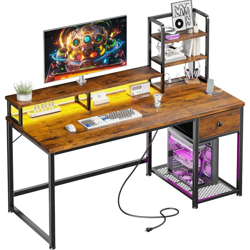 44 Inch Computer Desk with Hutch and Drawers,Reversible Home Office Desk with Monitor Shelf,Small Gaming Desks with USB