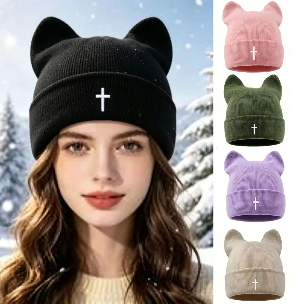 Fashion Cross-Embroidered Knitted Woolen Hat Thickened Keep Warm Cat Ear Beanies Cap Windproof Winter Bomber Hat for Women