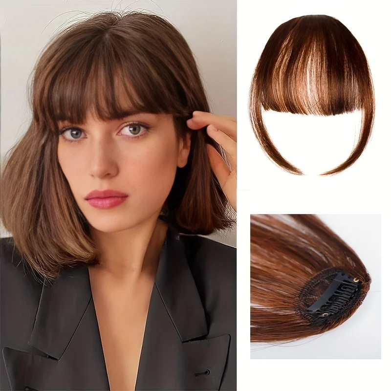 Flequillo sintético corto y lacio con clip, flequillo de aire negro, extensión para mujer, postizo 4