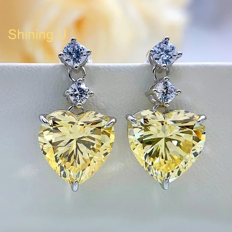 

Shining U S925 Silver Yellow Pink Heart Gems Drop Earrings for Women Fine Jewelry Summer