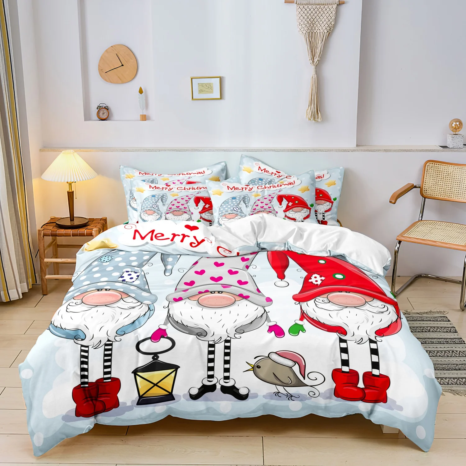 3Pcs Christmas Duvet Cover Set, Lovely Three Gnomes Colorful Hats Tiny Bird and Vintage Lantern Fun Light Blue Festive Bedding