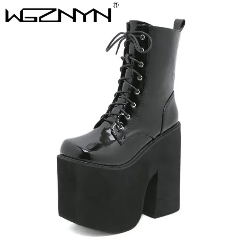 

2025 High Platform Boots Women Goth Punk Chunky Heels Catwalk Combat Boots Lace Up Daughter Patent Booties Botas Mujer Plus Size