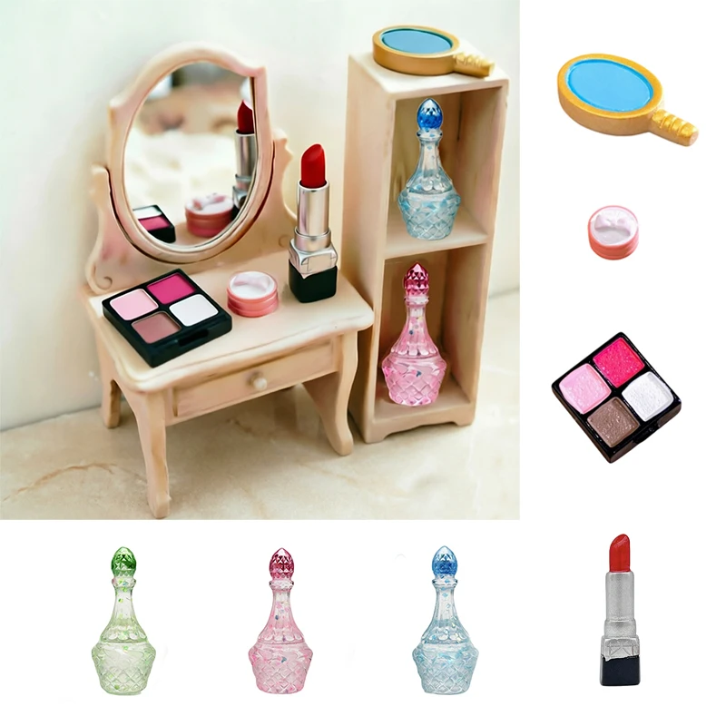 

Миниатюрные флаконы для духов, помада, палетка теней для век, мини-косметика, аксессуары для кукольного домика, туалетного столика, игрушки для макияжа и красоты