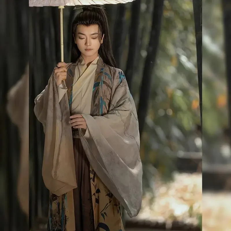 طقم تصميم Hanfu Wei Jin للرجال ، هانفو صيني تقليدي ، أكمام كبيرة ، توب مطبوع بياقة ، تنورة خصر كامل ، الربيع والصيف