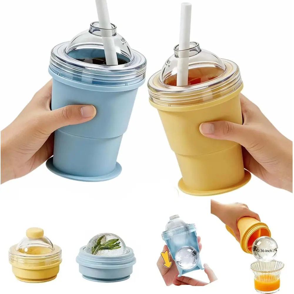

2-in-1 Collapsible Ice Hockey Cup with Silicone Ice Cube Beverage Cup, Ice Ball Mold, Leak-Proof Lid, Portable for Travel, Gym,