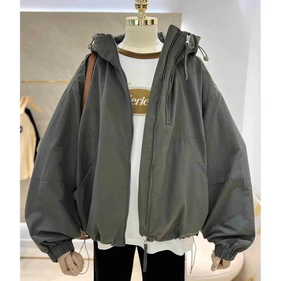 Korean Style Simple  Color Zipper Design Lazy Loose Hooded Jacket Women Casual Long Sleeve Coat with Drawstring
