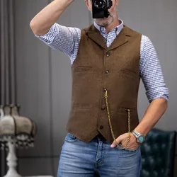 Men's Slim Fit Suits Vest Herringbone Tweed Notch Lapel Wool Casual Groomsmen Waistcoat