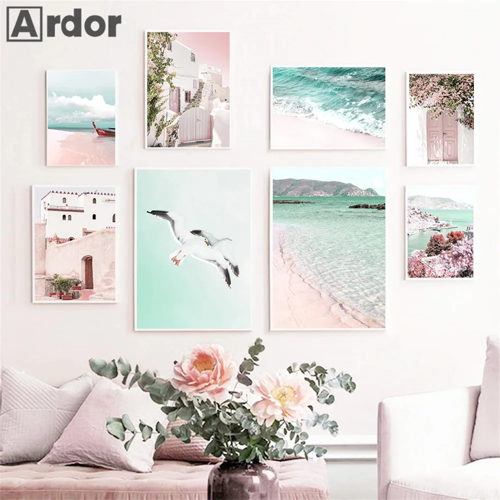 Sea Waves Art Painting Pink Beach Canvas Poster Seagull Print Boat Flower Wall Posters Nordic Wall Pictures Living Room Decor