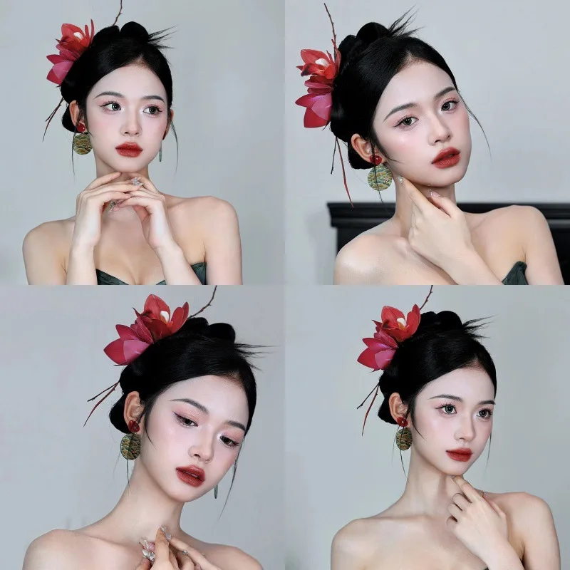 

Red Artificial Flower Hair Clips - Traditional Chinese Style Bridal Headpiece Classic Ancient - Style Wedding Hair Accessories
