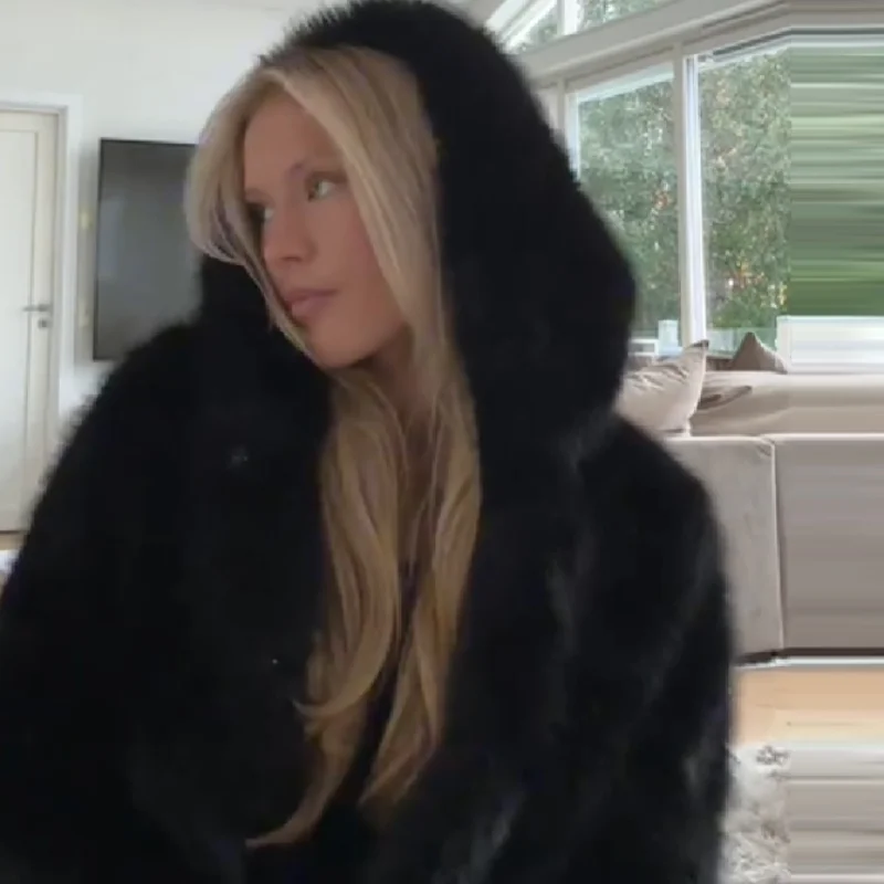 

Женское роскошное винтажное пальто из искусственного меха, утепленная куртка с капюшоном и длинными рукавами, осень-зима 202, модное уличное женское пальто