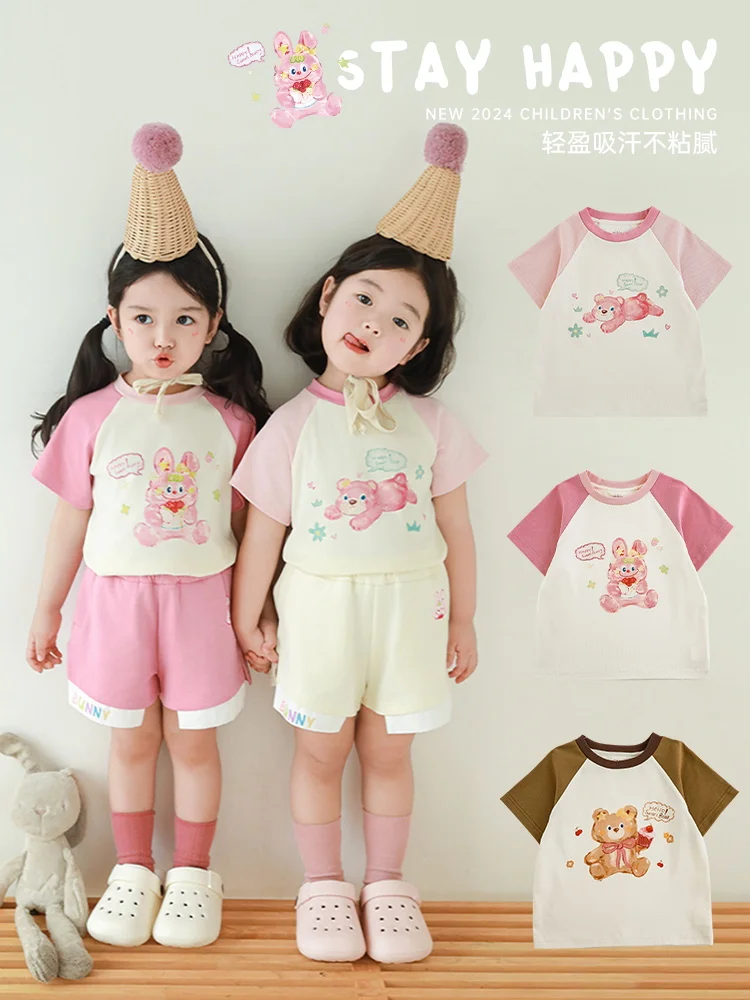 

Girls Cartoon Printed Short Sleeved Top 2024 Summer Breathable Sweat Animal T-shirt Trend