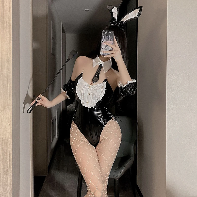 rabbit girl PU leather sexy porno lingerie role play BDSM uniform tight sex suit Jumpsuit socks anime gadget tail expose chest