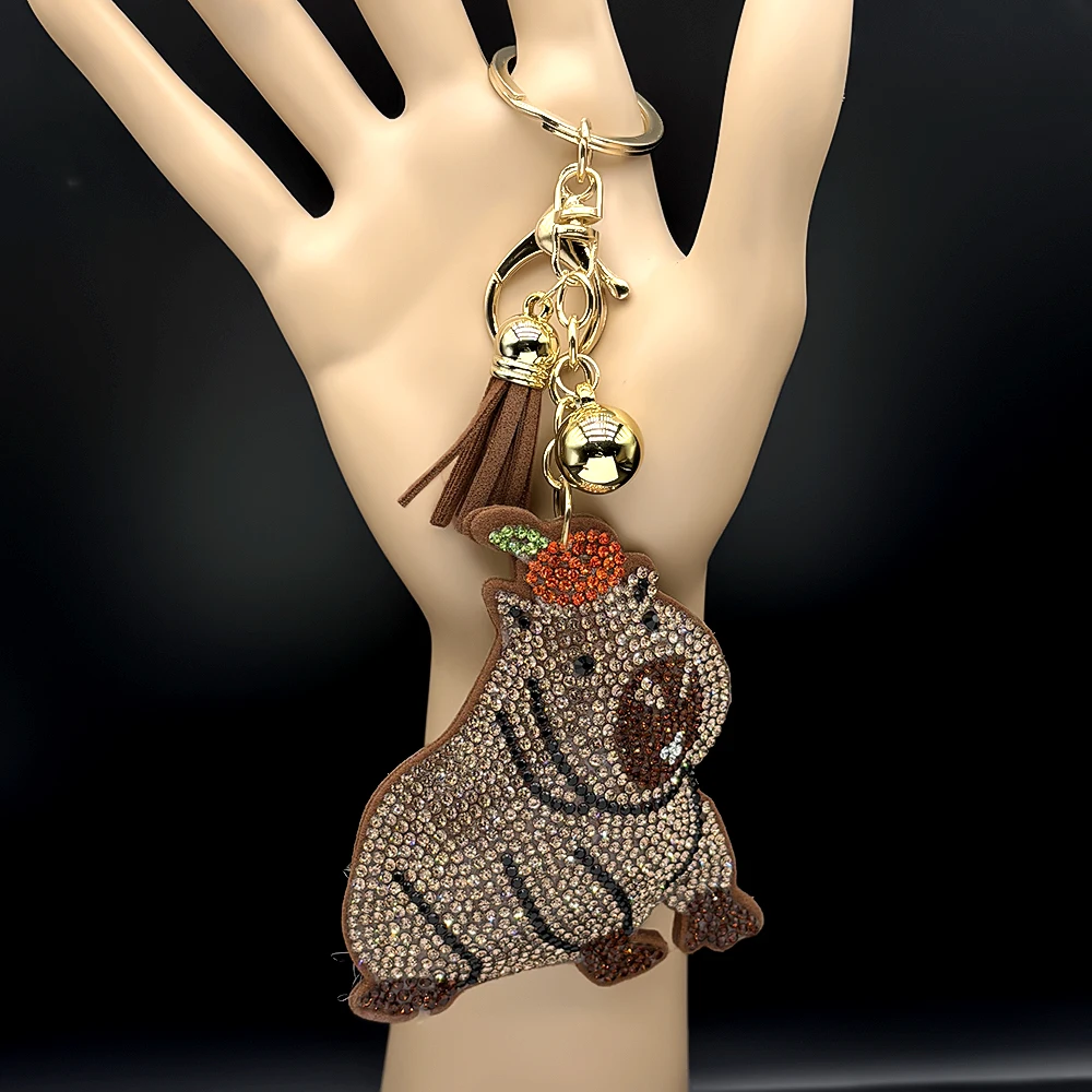 Sparkly Rhinestone Capybara Keychain Cute Capibara Orange Fruit Brown Tassel Bell Bag Charm Animal Lover Birthday Jewelry Gift