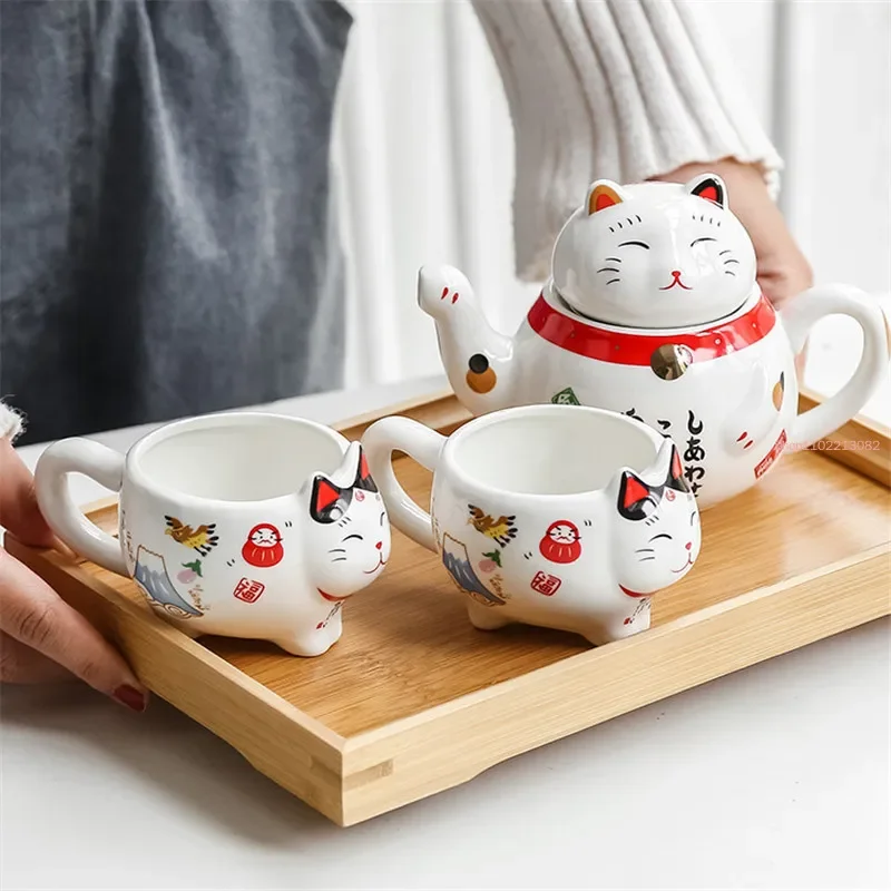 Juego de Té de Porcelana con Diseño de Gato de la Suerte Japonés, Taza de Té de Cerámica Creativa Maneki Neko con Colador, Tetera Creativa, Taza de Café