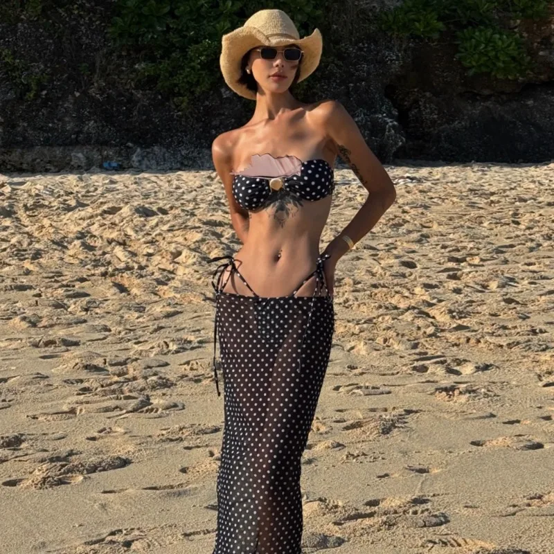 

2025 Women's Vintage Polka Dot Bikini - Soft Sexy Hottie 3 Piece Strapless,Sheer Mesh Skirt Triangle Cut Beach Vacation Swimwear