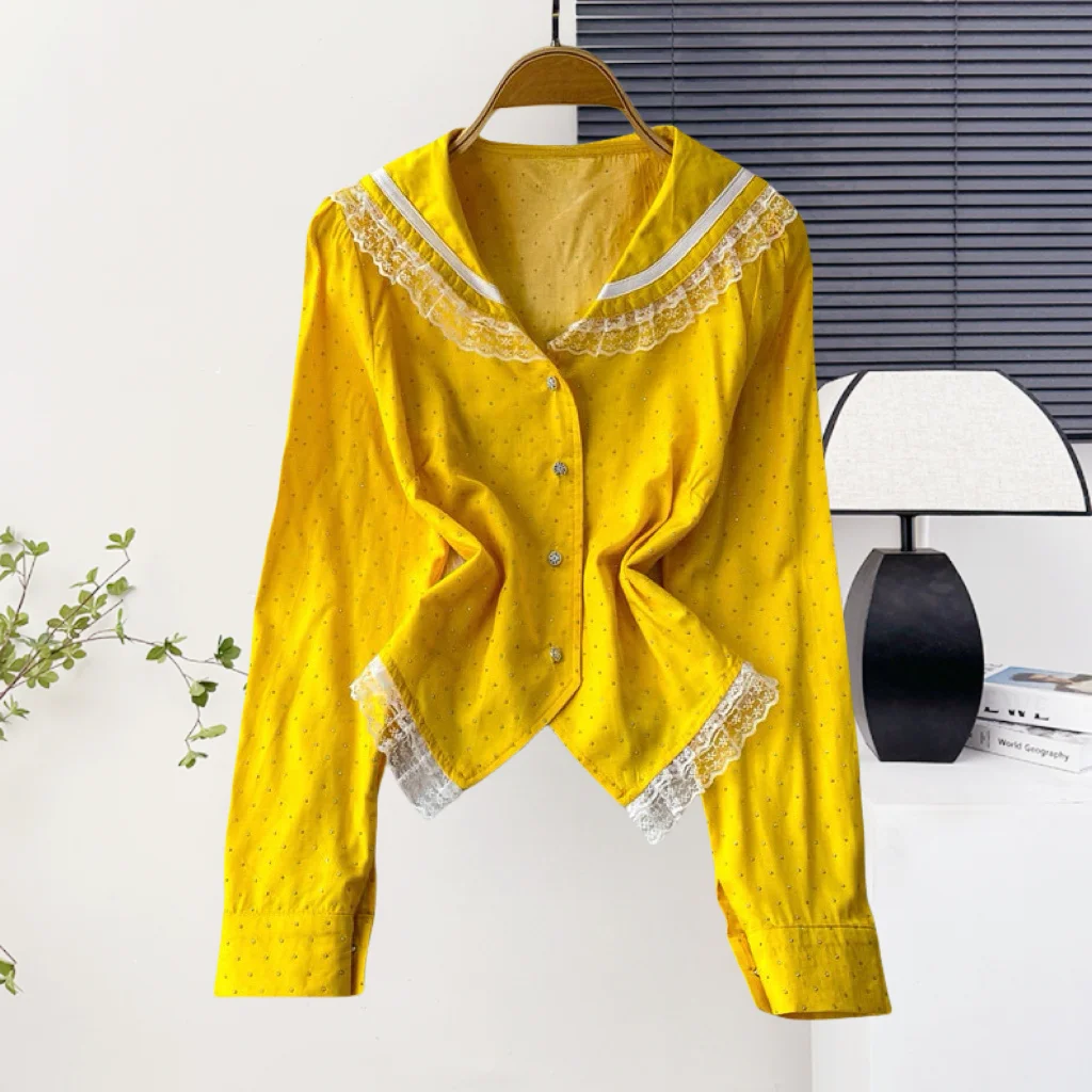 

2025, новинка, весна, европейский, одежда, тонкий, блузка, короткая, модная, сексуальная, пуговица, пэчворк, кружево, блестящие, бриллианты, женские, с длинным рукавом, топы 5605