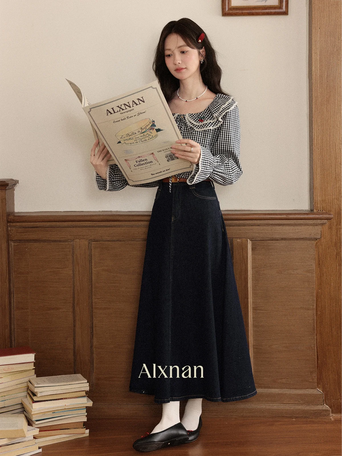 

Loose Long Sve Plaid Doll Collar irt Women's Autumn Slimming Top French Sle Bell Sve A-Line irt Girl Commute