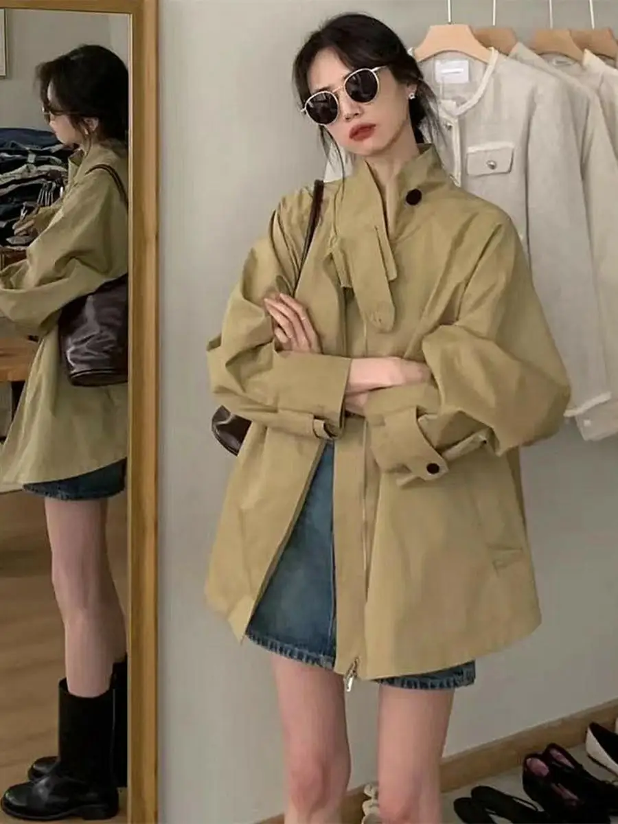 Retro Short Khaki Color Stand Collar Women's Jacket Fashionable Versatile Korean Style Commute Long Sleeve Zipper Coat