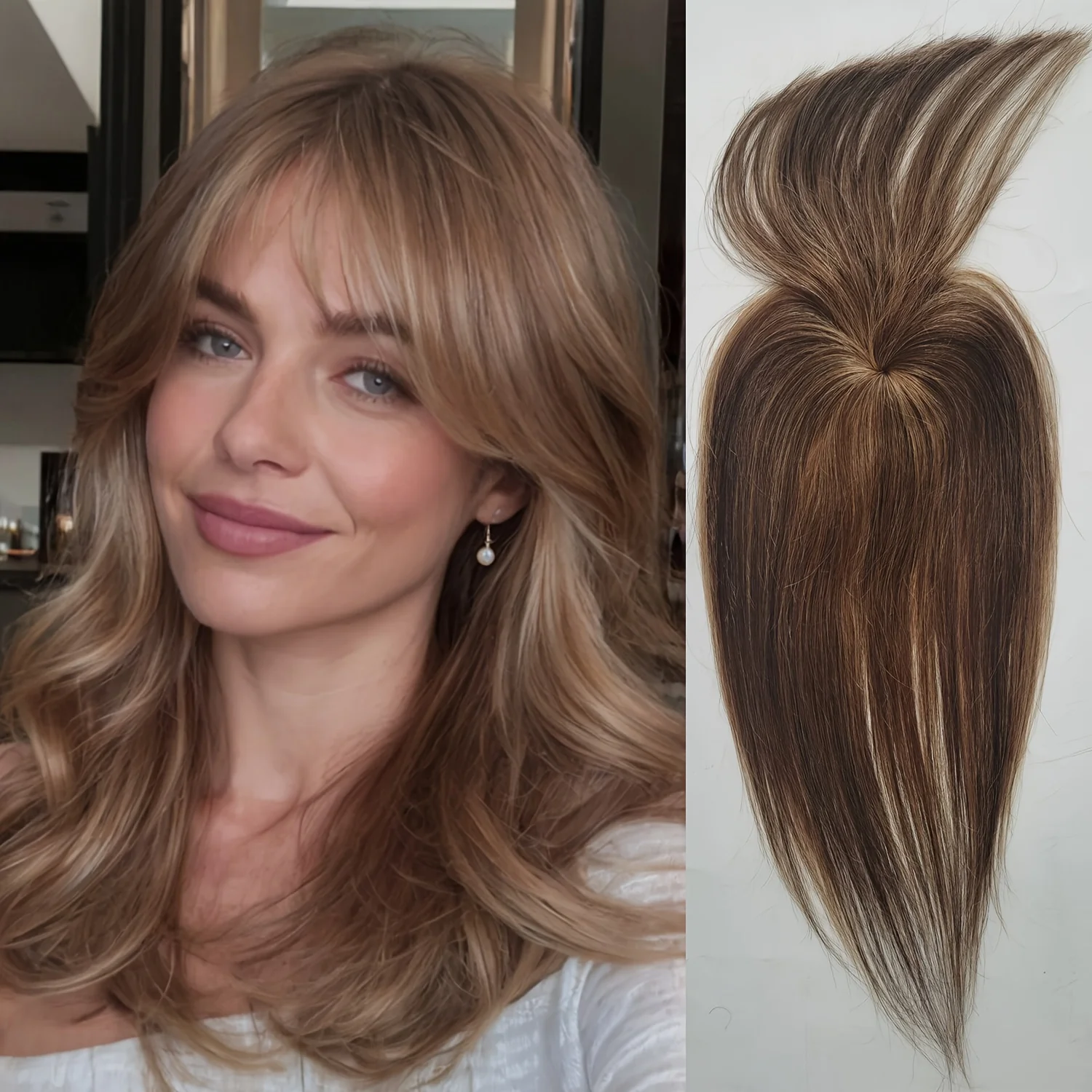 

Straight Hair Pieces with Clip-In Bangs for Women Thinning Hair, Topper Hair Clip with Bangs, #4p27 Brown Highlight Mix Color