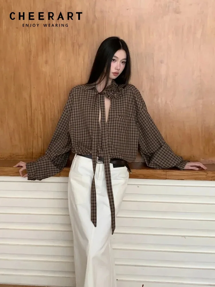 

CHEERART Fall 2025 Fashion Woman Brown Plaid Designer Top And Blouse Woman Long Sleeve Oversized Shirt Autumn Clothes