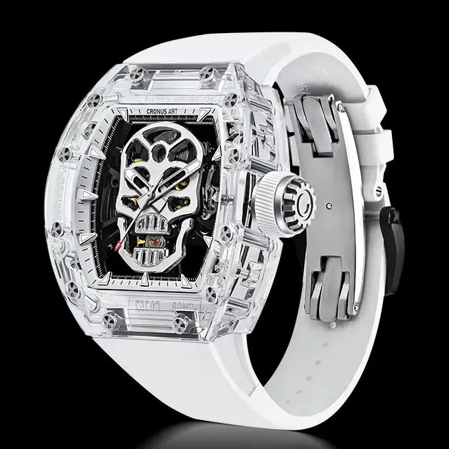 CRONUSART Men Automatic Watch 50mm Tonneau Mechanical Wristwatch Sapphire Case Luminous Skeleton Skull Dial FKM Strap