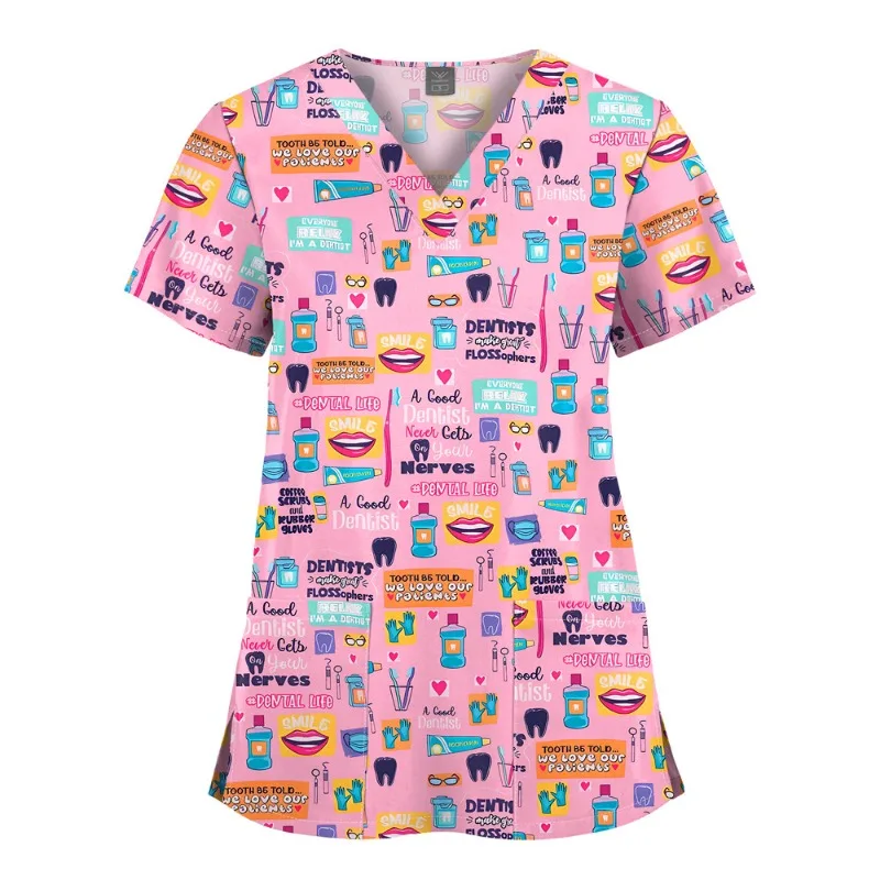 T-Shirts Cartoon Printed Dentistry Doctor Tees V-Neck Pet Clinic Hospital Nursing Scrub Short Sleeve Medical Surgical Uniforms